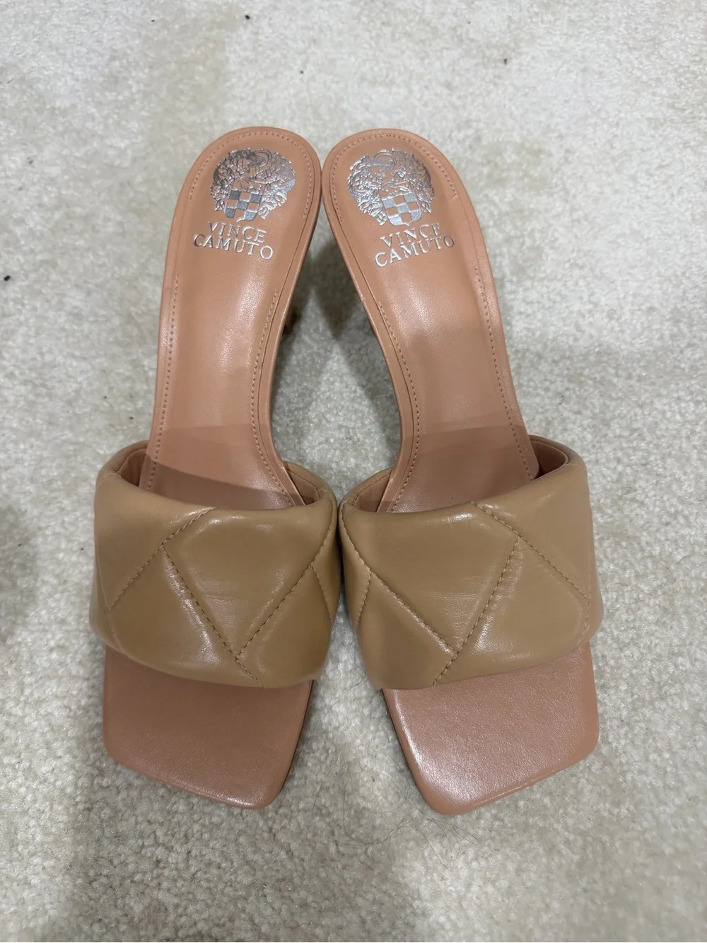 Vince Camuto Quilted Tan Block Heel Slide Sandals